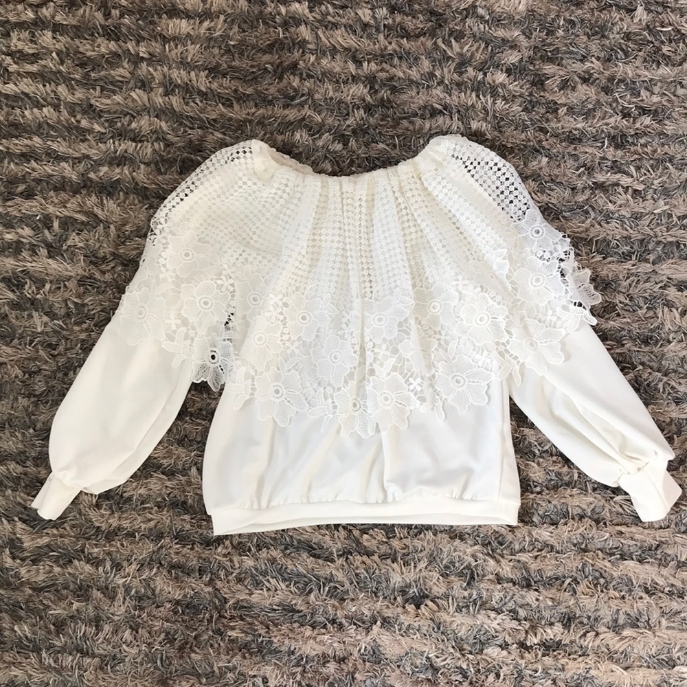 2nd Flower Off Shoulder White Floral Lace Layered Long-Sleeve Top Size S - Picture 3 of 7
